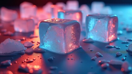Melting ice cubes with snow on a reflective surface illuminated by red light	