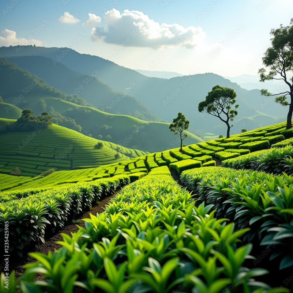 Sticker A lush green tea plantation in the mountains, with rolling hills and a blue sky