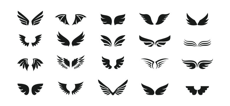 Wing vector. Wing icon set. ngel feather wing, silhouette. Linear fly winged angels, flying heaven hand drawn doodle icons. Vector illustration