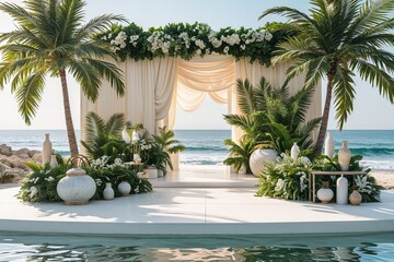 Fototapeta premium Pristine Product Showcase Platform Embellished with Palm Foliage and Coastal Beauty
