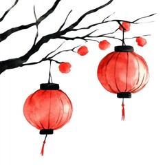 Obraz premium Red lanterns hang from a barren tree branch