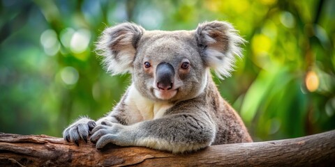 A Close-Up Portrait of a Koala Bear Resting on a Tree Branch in a Lush Green Forest