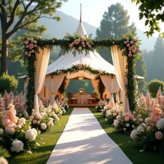 A serene outdoor wedding setting, with a white gazebo adorned with lush greenery and vibrant flowers