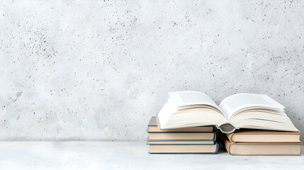 Open book on stack, grey wall background; education concept