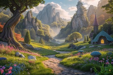 Whimsical Enchanted Fairy Tale Valley Outdoor 3D Background Landscape