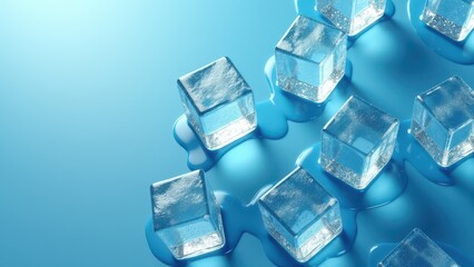 Melting ice cubes with water puddles on a smooth blue surface in soft light	