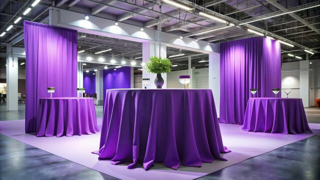 A vibrant purple tablecloth draped elegantly over a stylish trade show exhibition booth, with sleek modern furniture and innovative product displays , exhibition, innovative display