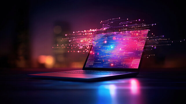laptop with vibrant digital display shows dynamic data streams and glowing lights, symbolizing advanced technology and digital innovation. colorful lights create futuristic atmosphere - Powered by Adobe