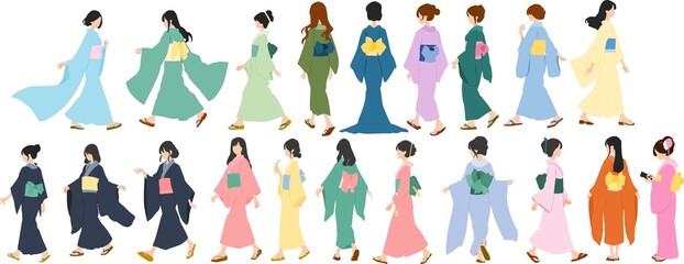 浴衣(着物)を着た女性のイラストセット