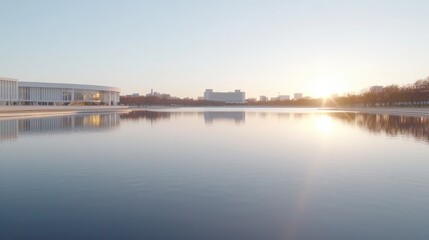 Obraz premium Calm sunrise over reflecting pool, city skyline
