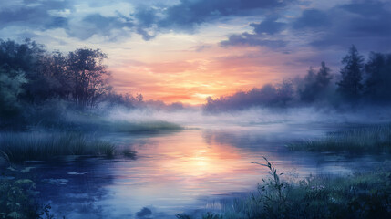 Obraz premium Calm Riverside at Dusk With Reflections and Mist Creating a Serene Atmosphere. Generative AI