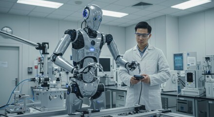 Scientist and Advanced Robot: A focused scientist in a lab coat meticulously examines a sophisticated humanoid robot, showcasing cutting-edge technology and the future of robotics.