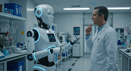 Humanoid Robot and Scientist: A scientist in a lab coat engages in a conversation with an advanced humanoid robot, creating a scene that blends cutting-edge technology with human interaction.