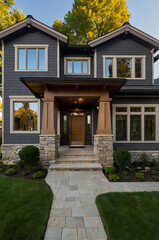Fototapeta premium Luxury Modern Home Exterior: Gray Siding, Stone Accents, and Landscaped Pathway