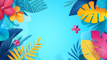 Vibrant tropical foliage with colorful flowers against a bright blue background