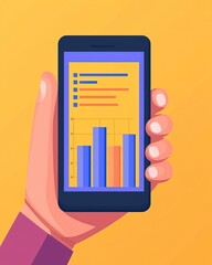 A hand holds a smartphone displaying colorful bar charts and graphs against a bright yellow background.