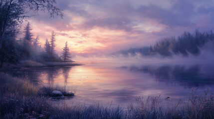 Peaceful Riverside View at Dusk With Serene Water and Gentle Hues in the Sky. Generative AI