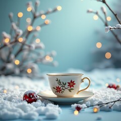 Fototapeta premium A delicate white teacup with a red flower design, surrounded by snow and Christmas lights