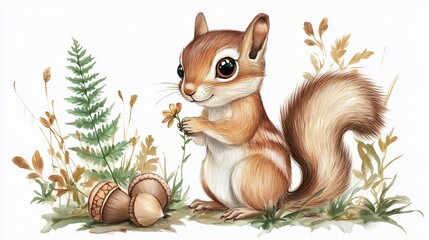 Fototapeta premium Watercolor Painting of a Cute Squirrel Holding a Flower with Acorns and Plants Background