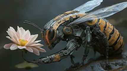 Hyper-Realistic Mechanical Wasp with Golden Cybernetic Armor