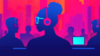 Fototapeta premium A vibrant digital illustration depicting a profile of a person wearing headphones, surrounded by others, set against a colorful cityscape.