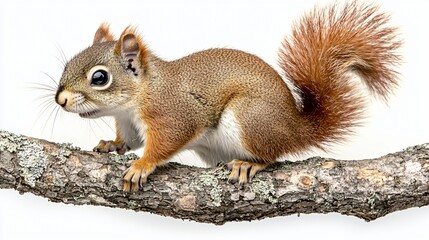 Squirrel On Branch With Fur And Whiskers Sitting On Tree Limb With Detailed Texture Of Bark.