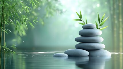 Tranquil Zen Garden with Stones and Bamboo in Soft Green Light