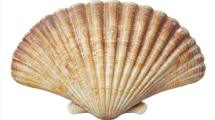 Obraz premium A large seashell, creamy-tan with brown streaks, rests against a white background. Beachy vibes!
