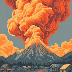 A vibrant illustration depicting a volcanic eruption with billowing clouds of ash and smoke rising above a mountainous landscape and nearby houses.