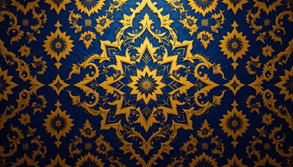 Dark Blue Gold Pattern, Intricate gold pattern on a dark blue background.