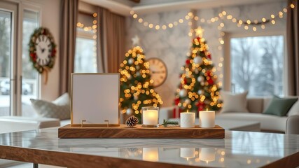 Christmas background with marble table top, warm living room decor, tree string light, snow holiday backdrop, mock up banner for product display, product display, decor, mock up