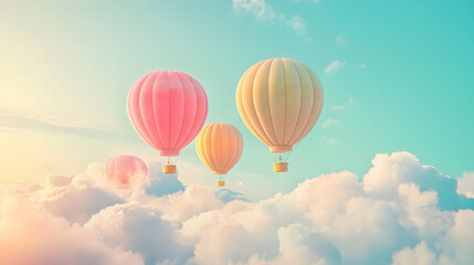 Naklejka premium Colorful hot air balloons soaring through fluffy clouds at sunset