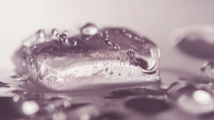 Close-up of melting ice cube with water droplets.
