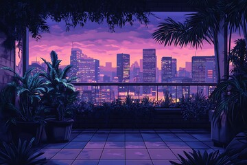 Obraz premium A serene balcony view of a city skyline at dusk, surrounded by lush plants.