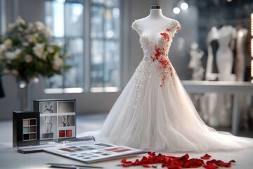 Clothing design - illustrated garments, fabric swatches, creative process, design workspace, fabric samples, fashion studio, artistic flow, color charts, design layout, workspace materials.