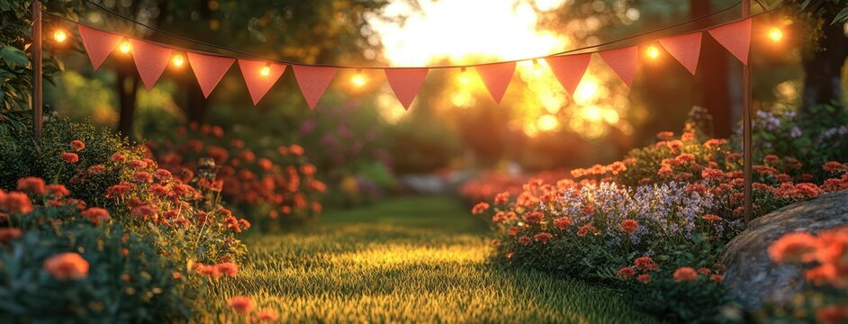 Red bunting flags on a garden background with blurred flowers and sunset light.
