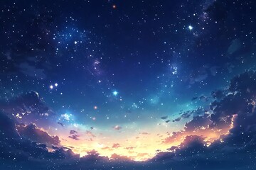 A serene night sky filled with stars and colorful clouds at sunset.