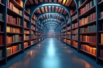 Fototapeta premium A serene and organized library with rows of books and a peaceful atmosphere