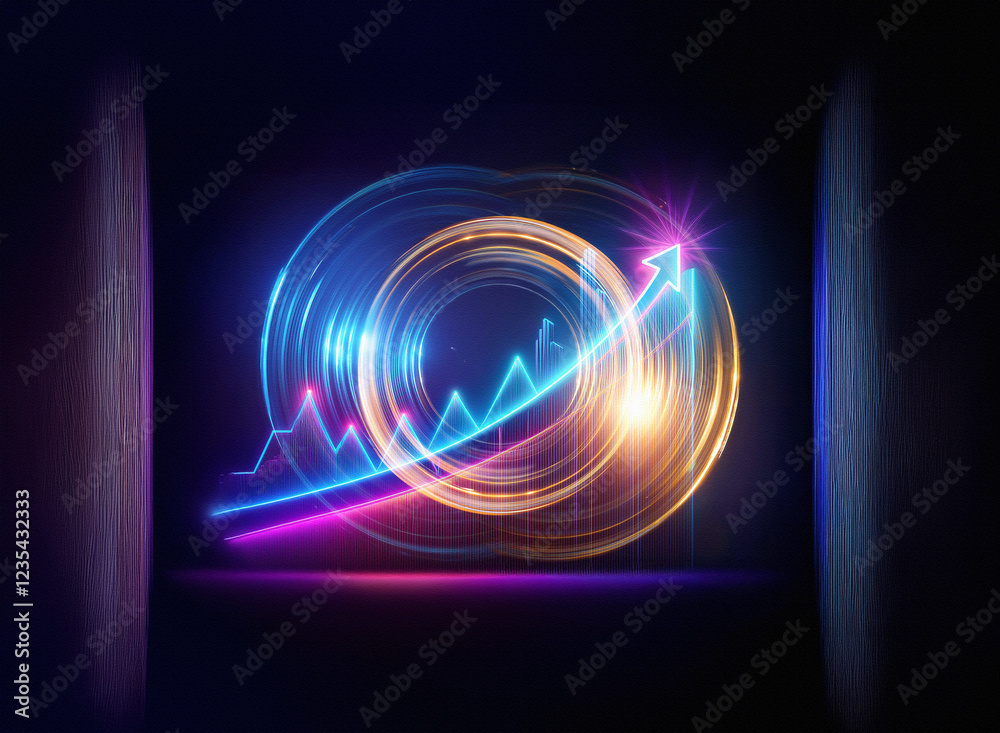 Poster vibrant neon circular graphic with glowing upward trending arrows. dynamic energy, growth, and progr