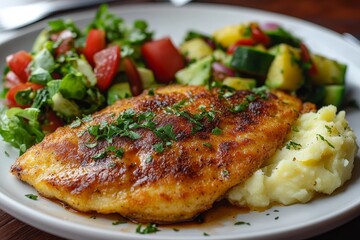 Pan-fried chicken breast, mashed potato, salad