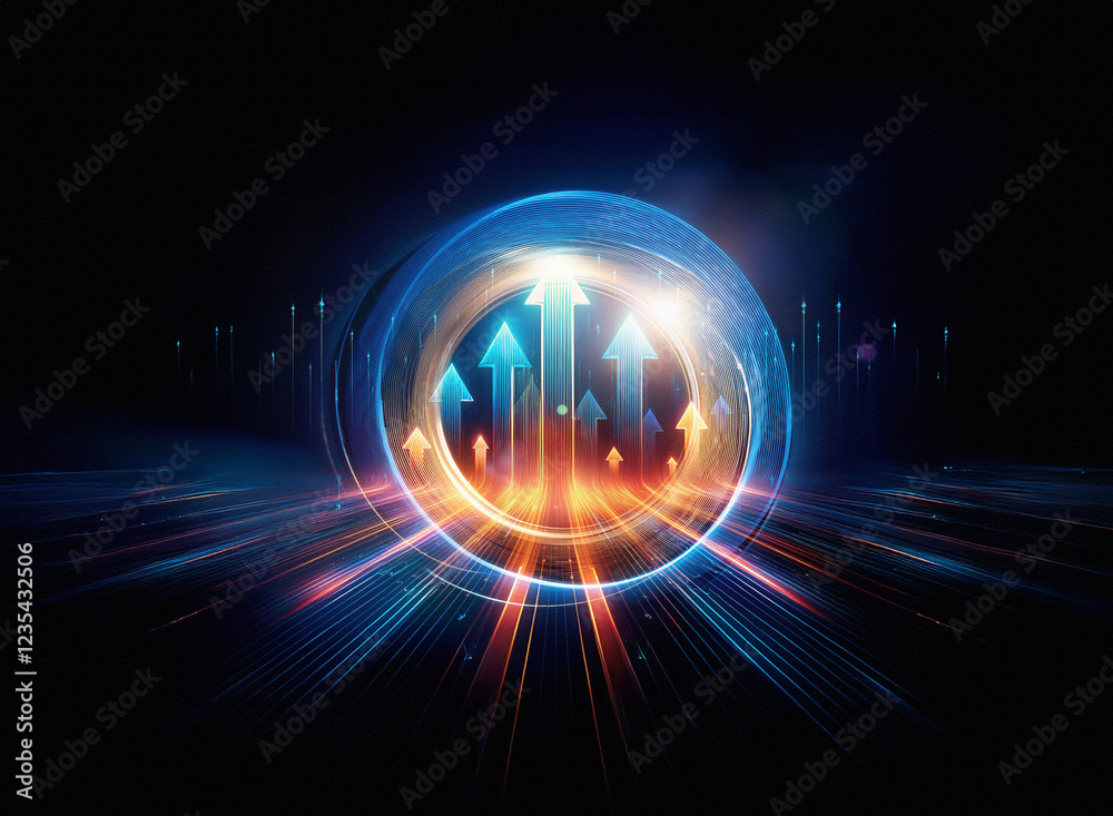Poster glowing orb of energy with upward-pointing arrows, symbolizing growth, progress, and technological a