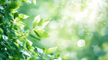 Naklejka premium Lush green leaves glistening in sunlight with a bokeh background effect