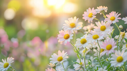Fototapeta premium Beautiful daisies blooming in a vibrant garden during golden hour sunlight