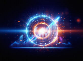 Glowing circular arrow ascends within a vibrant energy field, symbolizing growth and progress.  Cityscape silhouettes at the base suggest economic expansion.