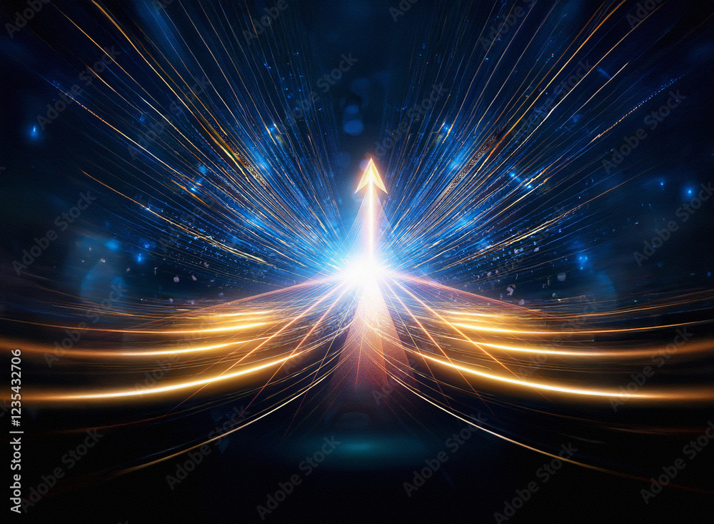 Poster abstract image depicting an upward-pointing arrow formed by converging streaks of light, suggesting 