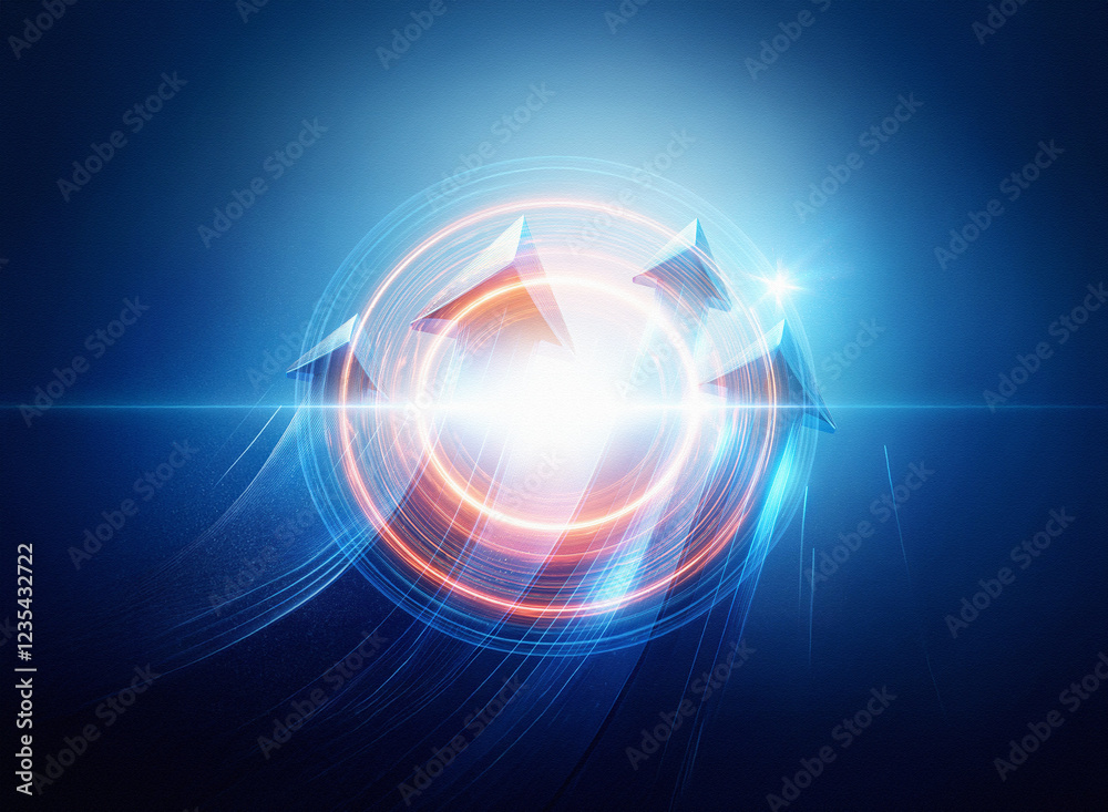 Poster abstract digital artwork depicting glowing arrows circling a bright core, symbolizing growth, progre