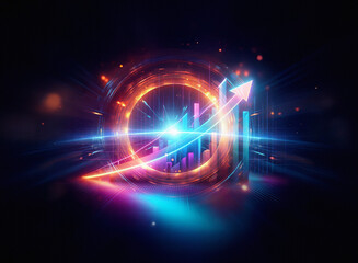 Obraz premium Glowing circular portal with upward trending graphs and vibrant light streaks. It symbolizes growth, progress, and technological advancement in a dynamic, futuristic setting.