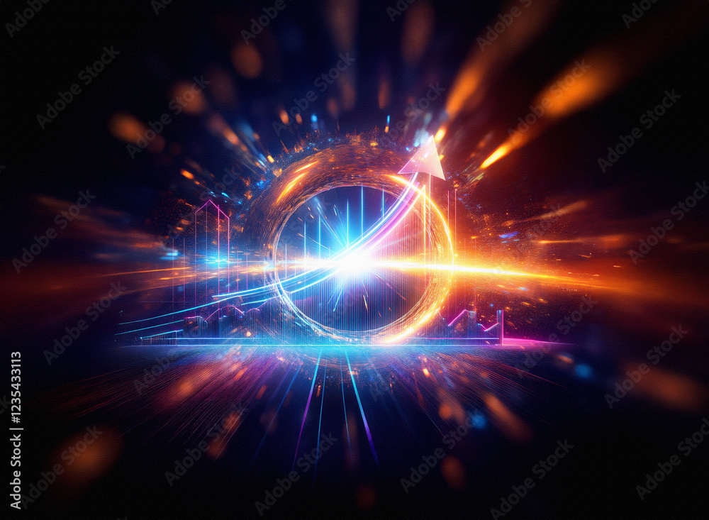 Poster dynamic glowing ring with upward trending graph, symbolizing growth, progress, and technological adv