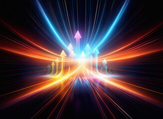 Abstract image depicting a glowing highway of light streaking towards multiple upward arrows, symbolizing progress and advancement.  The vibrant colors and dynamic lines create a sense of motion and s