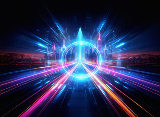 Obraz premium Futuristic cityscape at night, vibrant neon lights streak across a highway leading to a glowing circular portal. Speed, technology, and progress are depicted.